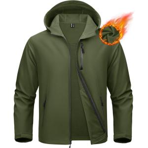 imageMAGCOMSEN Mens Waterproof Fleece Lined Rain Jacket Lightweight Softshell Raincoat with Hood Winter Hiking WindbreakerArmy Green