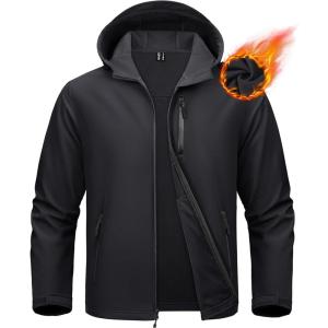 imageMAGCOMSEN Mens Waterproof Fleece Lined Rain Jacket Lightweight Softshell Raincoat with Hood Winter Hiking WindbreakerBlack