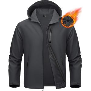 imageMAGCOMSEN Mens Waterproof Fleece Lined Rain Jacket Lightweight Softshell Raincoat with Hood Winter Hiking WindbreakerDark Grey
