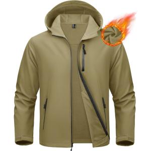 imageMAGCOMSEN Mens Waterproof Fleece Lined Rain Jacket Lightweight Softshell Raincoat with Hood Winter Hiking WindbreakerKhaki
