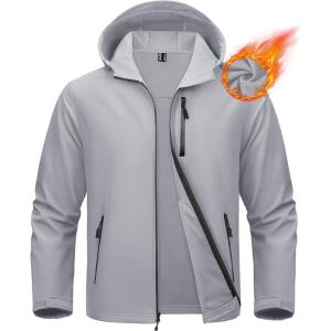 imageMAGCOMSEN Mens Waterproof Fleece Lined Rain Jacket Lightweight Softshell Raincoat with Hood Winter Hiking WindbreakerLight Grey