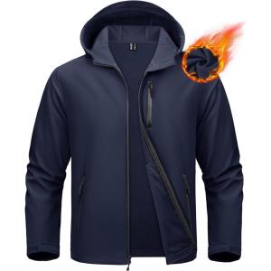 imageMAGCOMSEN Mens Waterproof Fleece Lined Rain Jacket Lightweight Softshell Raincoat with Hood Winter Hiking WindbreakerNavy