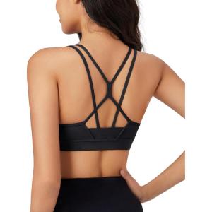 imageMAGCOMSEN Womens Strappy Sports Bra Padded Backless Sexy Low Impact MoistureWicking Wireless for Yoga Workout FitnessBlack