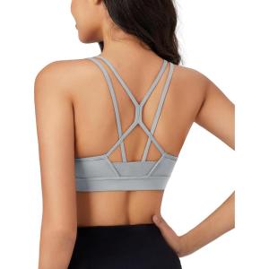 imageMAGCOMSEN Womens Strappy Sports Bra Padded Backless Sexy Low Impact MoistureWicking Wireless for Yoga Workout FitnessLight Gray