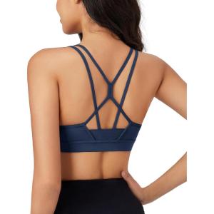 imageMAGCOMSEN Womens Strappy Sports Bra Padded Backless Sexy Low Impact MoistureWicking Wireless for Yoga Workout FitnessNavy Blue
