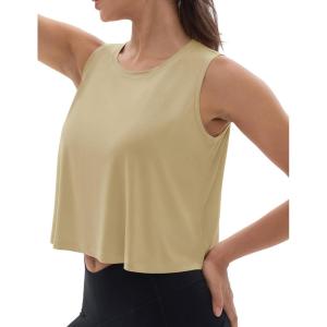 imageMAGCOMSEN Womens Workout Tank Tops Sleeveless Yoga Shirts Cropped Loose Fit Athletic Dry Fit Moisture WickingKhaki