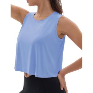 imageMAGCOMSEN Womens Workout Tank Tops Sleeveless Yoga Shirts Cropped Loose Fit Athletic Dry Fit Moisture WickingLight Blue