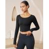imageMAGCOMSEN Womens Long Sleeve Crop Workout Tops Yoga Slim Fit Athletic Cropped Shirts Running Gym Exercise Pilates ClothesBlack