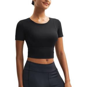 imageMAGCOMSEN Womens Crop Workout Tops Yoga Short Sleeve Athletic Shirts Cropped Slim Fit Gym Clothes Tight Tshirt ExerciseBlack