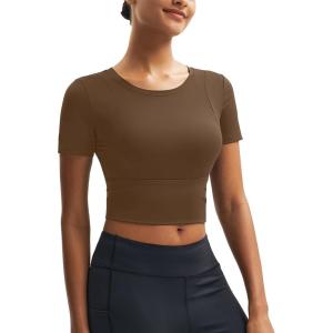 imageMAGCOMSEN Womens Crop Workout Tops Yoga Short Sleeve Athletic Shirts Cropped Slim Fit Gym Clothes Tight Tshirt ExerciseBrown