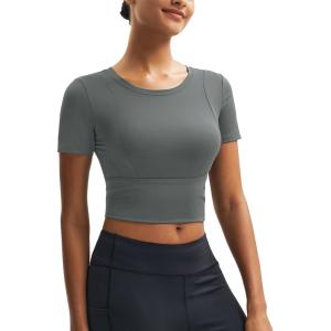 imageMAGCOMSEN Womens Crop Workout Tops Yoga Short Sleeve Athletic Shirts Cropped Slim Fit Gym Clothes Tight Tshirt ExerciseGray