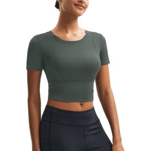 imageMAGCOMSEN Womens Crop Workout Tops Yoga Short Sleeve Athletic Shirts Cropped Slim Fit Gym Clothes Tight Tshirt ExerciseGray Green
