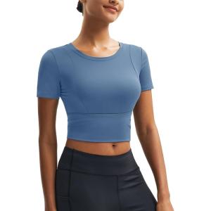 imageMAGCOMSEN Womens Crop Workout Tops Yoga Short Sleeve Athletic Shirts Cropped Slim Fit Gym Clothes Tight Tshirt ExerciseHaze Blue