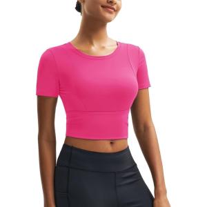 imageMAGCOMSEN Womens Crop Workout Tops Yoga Short Sleeve Athletic Shirts Cropped Slim Fit Gym Clothes Tight Tshirt ExerciseRose Red