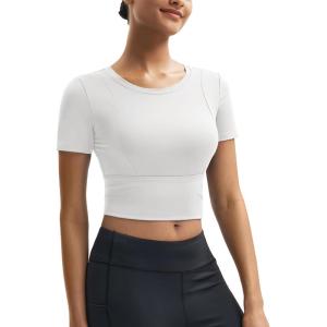 imageMAGCOMSEN Womens Crop Workout Tops Yoga Short Sleeve Athletic Shirts Cropped Slim Fit Gym Clothes Tight Tshirt ExerciseWhite