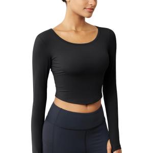 imageMAGCOMSEN Womens Long Sleeve Crop Workout Tops Yoga Slim Fit Athletic Cropped Shirts Running Gym Exercise Pilates ClothesBlack