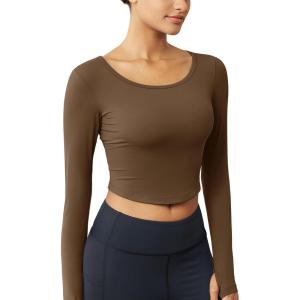 imageMAGCOMSEN Womens Long Sleeve Crop Workout Tops Yoga Slim Fit Athletic Cropped Shirts Running Gym Exercise Pilates ClothesDark Brown