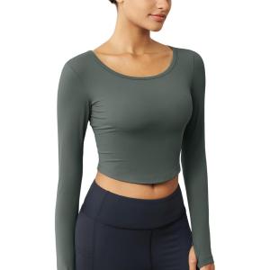 imageMAGCOMSEN Womens Long Sleeve Crop Workout Tops Yoga Slim Fit Athletic Cropped Shirts Running Gym Exercise Pilates ClothesDark Gray Green
