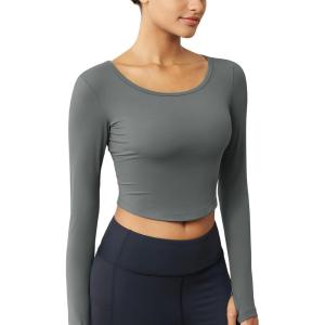 imageMAGCOMSEN Womens Long Sleeve Crop Workout Tops Yoga Slim Fit Athletic Cropped Shirts Running Gym Exercise Pilates ClothesGrey