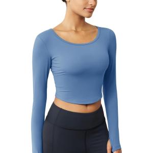 imageMAGCOMSEN Womens Long Sleeve Crop Workout Tops Yoga Slim Fit Athletic Cropped Shirts Running Gym Exercise Pilates ClothesHaze Blue