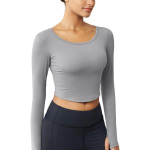 imageMAGCOMSEN Womens Long Sleeve Crop Workout Tops Yoga Slim Fit Athletic Cropped Shirts Running Gym Exercise Pilates ClothesLight Grey