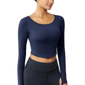 imageMAGCOMSEN Womens Long Sleeve Crop Workout Tops Yoga Slim Fit Athletic Cropped Shirts Running Gym Exercise Pilates ClothesNavy