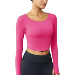 imageMAGCOMSEN Womens Long Sleeve Crop Workout Tops Yoga Slim Fit Athletic Cropped Shirts Running Gym Exercise Pilates ClothesRose Red