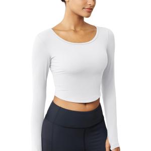 imageMAGCOMSEN Womens Long Sleeve Crop Workout Tops Yoga Slim Fit Athletic Cropped Shirts Running Gym Exercise Pilates ClothesWhite