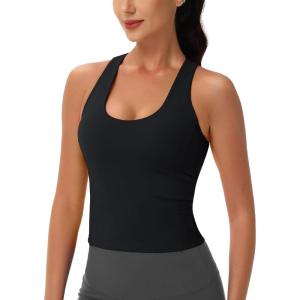 imageMAGCOMSEN Womens Workout Tank Tops with Built in Bra Athletic Racerback Support Tanks Padded Fitted Yoga Crop Gym ActivewearBlack