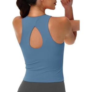 imageMAGCOMSEN Womens Workout Tank Tops with Built in Bra Athletic Racerback Support Tanks Padded Fitted Yoga Crop Gym ActivewearBlue