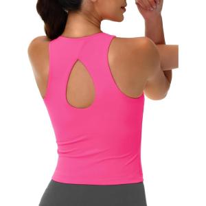 imageMAGCOMSEN Womens Workout Tank Tops with Built in Bra Athletic Racerback Support Tanks Padded Fitted Yoga Crop Gym ActivewearRose Red