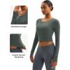 imageMAGCOMSEN Womens Long Sleeve Crop Workout Tops Slim Fit Yoga Gym Shirts Athletic with Thumb HolesGray Green
