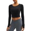 imageMAGCOMSEN Womens Long Sleeve Crop Workout Tops Slim Fit Yoga Gym Shirts Athletic with Thumb HolesBlack