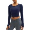 imageMAGCOMSEN Womens Long Sleeve Crop Workout Tops Slim Fit Yoga Gym Shirts Athletic with Thumb HolesNavy