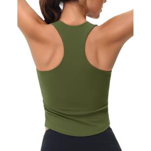 imageMAGCOMSEN Womens Crop Workout Tank Tops with Built in Bra Fitted Racerback Sleeveless Yoga Shirts CamisoleArmy Green