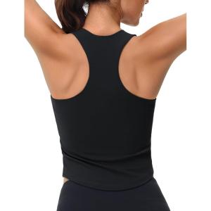 imageMAGCOMSEN Womens Crop Workout Tank Tops with Built in Bra Fitted Racerback Sleeveless Yoga Shirts CamisoleBlack
