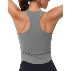 imageMAGCOMSEN Womens Crop Workout Tank Tops with Built in Bra Fitted Racerback Sleeveless Yoga Shirts CamisoleGrey