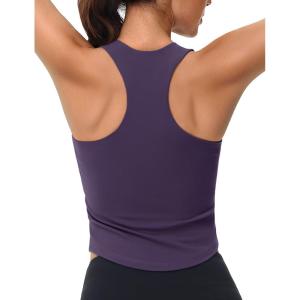 imageMAGCOMSEN Womens Crop Workout Tank Tops with Built in Bra Fitted Racerback Sleeveless Yoga Shirts CamisolePurple