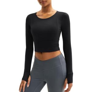 imageMAGCOMSEN Womens Long Sleeve Crop Workout Tops Slim Fit Yoga Gym Shirts Athletic with Thumb HolesBlack