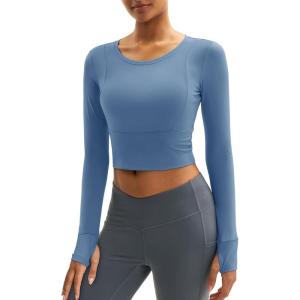 imageMAGCOMSEN Womens Long Sleeve Crop Workout Tops Slim Fit Yoga Gym Shirts Athletic with Thumb HolesBlue