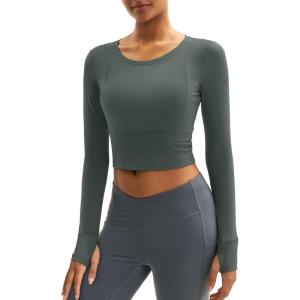 imageMAGCOMSEN Womens Long Sleeve Crop Workout Tops Slim Fit Yoga Gym Shirts Athletic with Thumb HolesGray Green