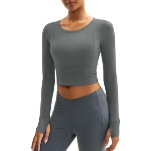 imageMAGCOMSEN Womens Long Sleeve Crop Workout Tops Slim Fit Yoga Gym Shirts Athletic with Thumb HolesGrey