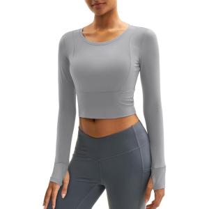 imageMAGCOMSEN Womens Long Sleeve Crop Workout Tops Slim Fit Yoga Gym Shirts Athletic with Thumb HolesLight Grey