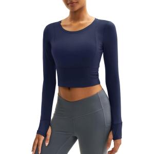 imageMAGCOMSEN Womens Long Sleeve Crop Workout Tops Slim Fit Yoga Gym Shirts Athletic with Thumb HolesNavy