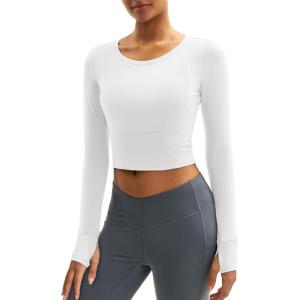imageMAGCOMSEN Womens Long Sleeve Crop Workout Tops Slim Fit Yoga Gym Shirts Athletic with Thumb HolesWhite
