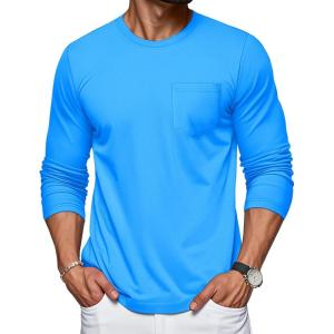 imageMAGCOMSEN Mens Long Sleeve Shirt with Pocket Cotton Crew Neck Shirts Casual Lightweight TShirtAzure