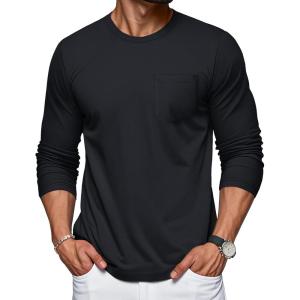 imageMAGCOMSEN Mens Long Sleeve Shirt with Pocket Cotton Crew Neck Shirts Casual Lightweight TShirtBlack