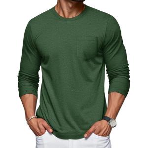 imageMAGCOMSEN Mens Long Sleeve Shirt with Pocket Cotton Crew Neck Shirts Casual Lightweight TShirtDark Green