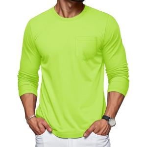 imageMAGCOMSEN Mens Long Sleeve Shirt with Pocket Cotton Crew Neck Shirts Casual Lightweight TShirtFluorescent Green