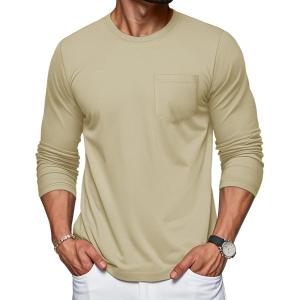 imageMAGCOMSEN Mens Long Sleeve Shirt with Pocket Cotton Crew Neck Shirts Casual Lightweight TShirtKhaki